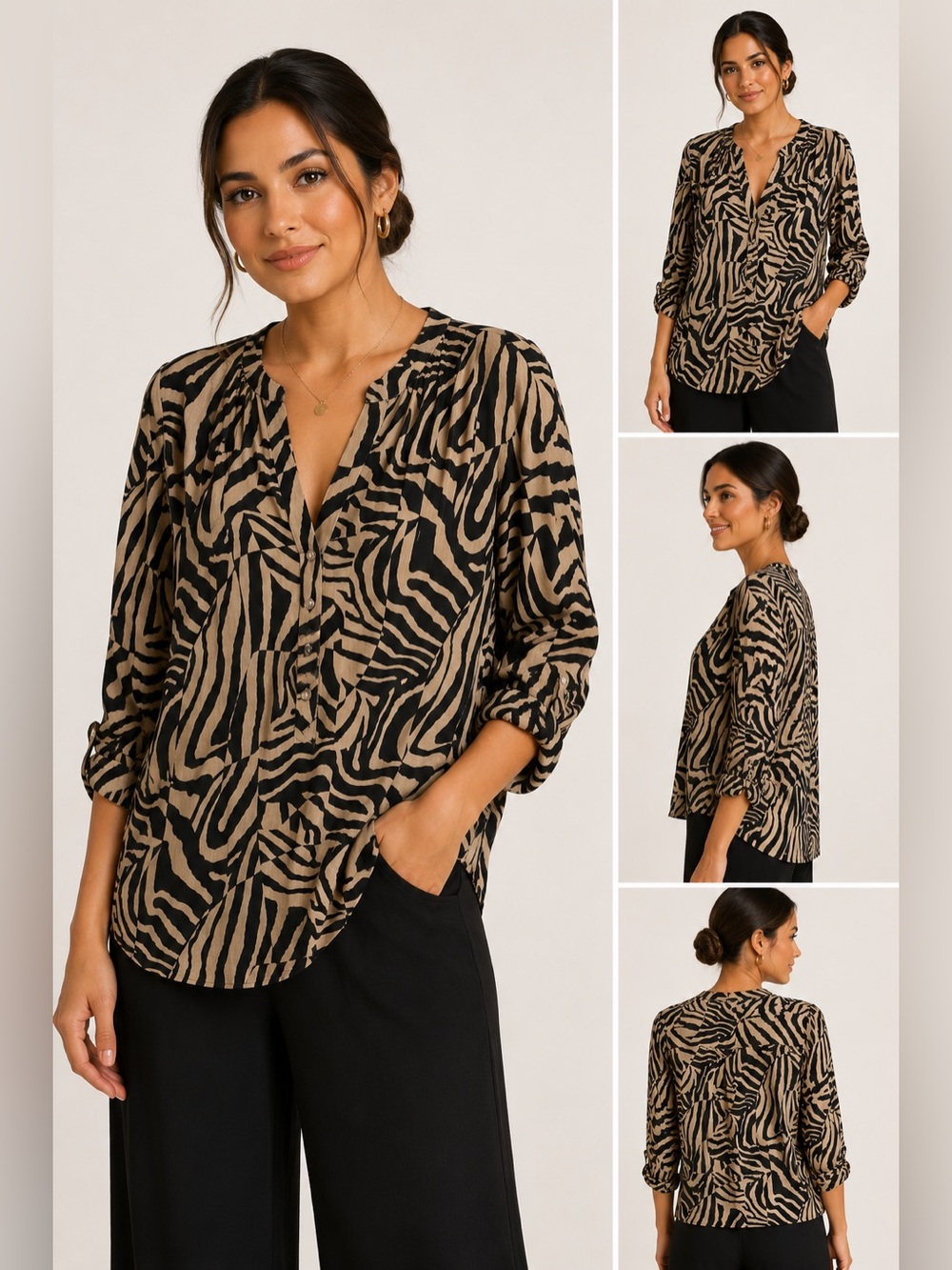 Zac & Rachel Zebra Print Blouse 2X Neutral Animal Print Roll Sleeve Plus Size